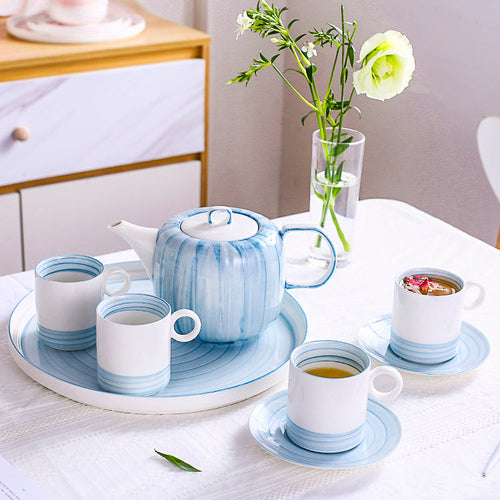Tea Set for 6 with Tea Pot, Serving Tray, and Saucers