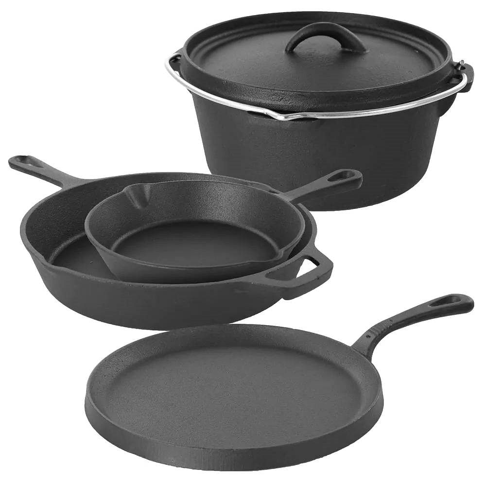 5-Piece Premium Cast Iron Cookware Set - Dutch Oven, Griddle, and Skillets