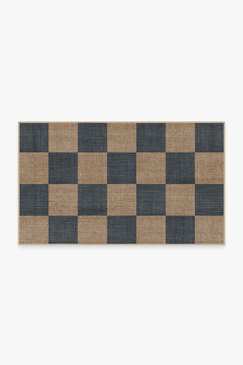 Checkerboard Soft Navy Chenille Rug – Printed Flat-Weave Design