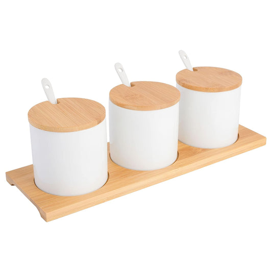 10-Piece Ceramic Condiment Jars with Bamboo Lids, Spoons & Tray