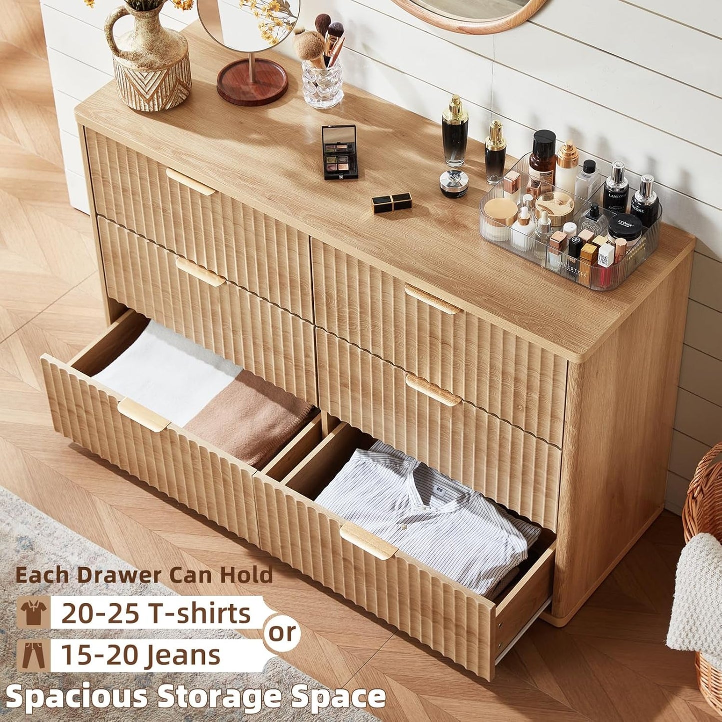 Fluted 6 Drawer Dresser 48 Inch Natural Wood Finish