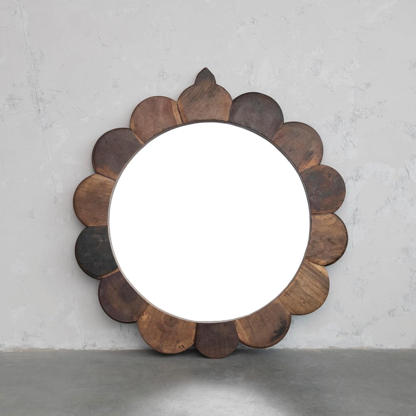 35 Inch Round Scalloped Wall Mirror With Reclaimed Wood