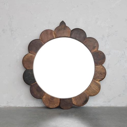 35 Inch Round Scalloped Wall Mirror With Reclaimed Wood