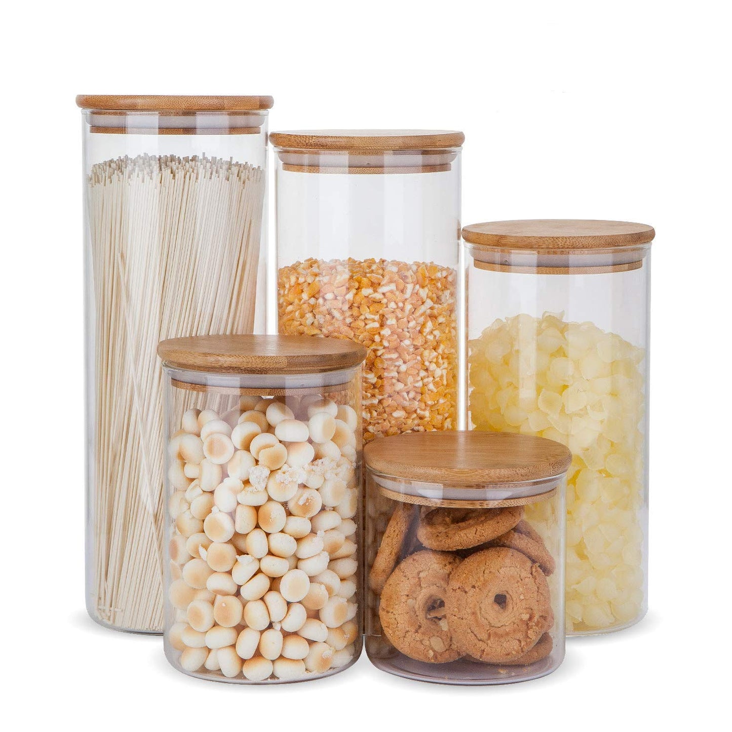 Food Storage Jars with Bamboo Lids – Set of 5 Glass Containers