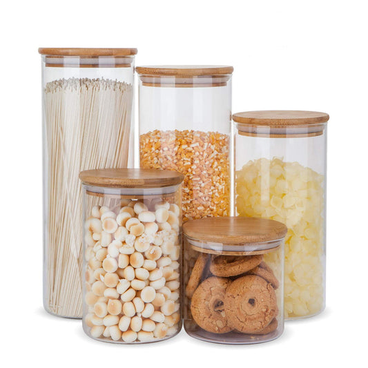 Food Storage Jars with Bamboo Lids – Set of 5 Glass Containers