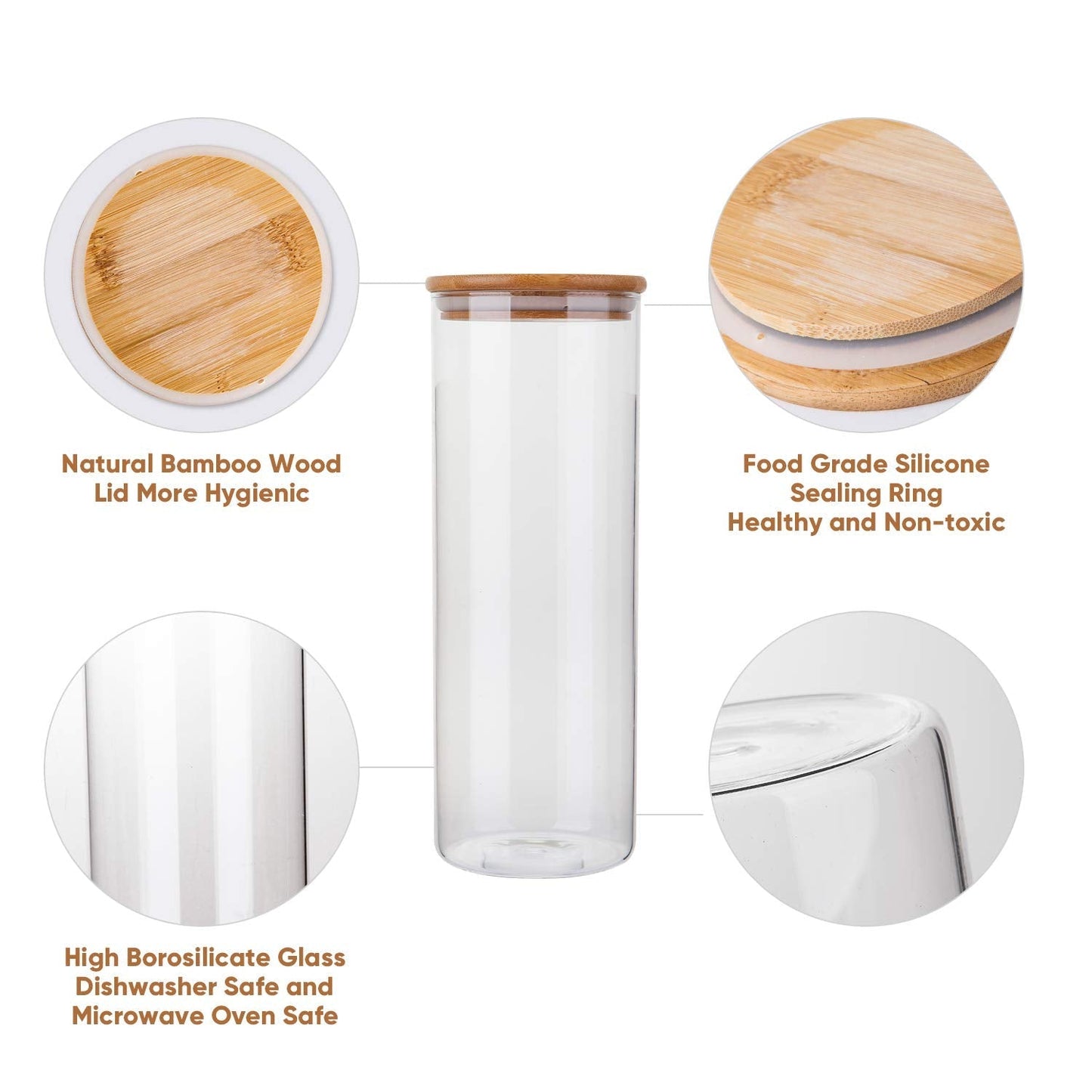 Food Storage Jars with Bamboo Lids – Set of 5 Glass Containers