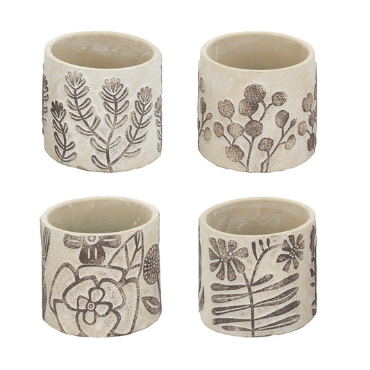Set of 4 Sand and Cement Planters with Botanical Motif – 4.3"