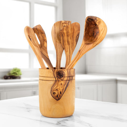 Handmade Olive Wood Kitchen Utensils with Wooden Holder