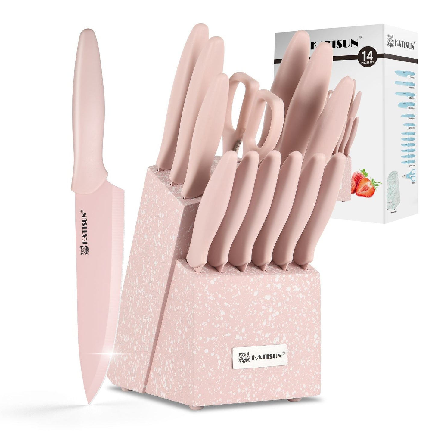 14 Piece Titanium Coating Kitchen Knife Set (Pink and White)